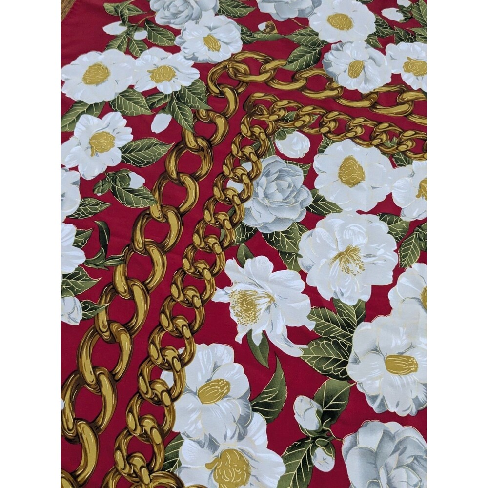 Vintage 90’s CHANEL Red 100% Silk Scarf White Floral Chain Print Logo 34" × 34” - Picture 6 of 9